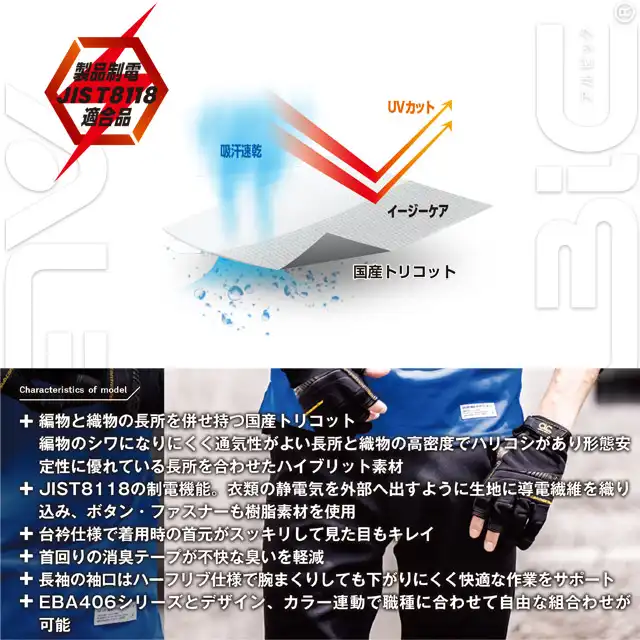 ポロシャツ EBA545-BBOシリーズ 生地特徴　・製品制電JIS T8118適合品